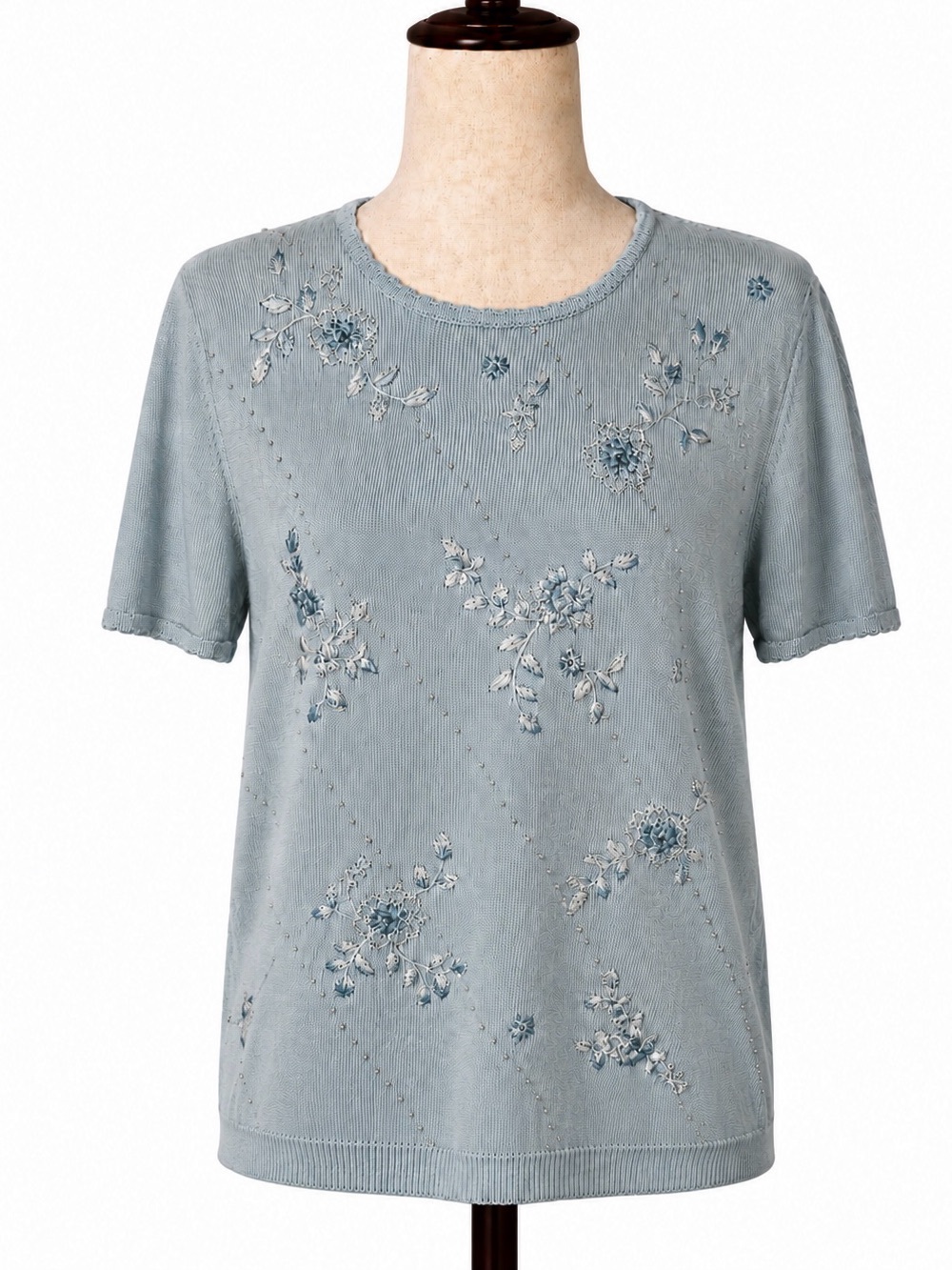 Vintage Blue Cottagecore embroidered sweet little top. Short sleeve sweater- S